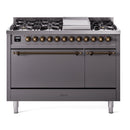 ILVE 48-Inch Nostalgie II Natural Gas Dual Fuel Range with 8 Burners, Griddle, and Solid Door Oven in Matte Graphite with Bronze Trim (UP48FQNMPMGB)