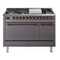 ILVE 48-Inch Nostalgie II Natural Gas Dual Fuel Range with 8 Burners, Griddle, and Solid Door Oven in Matte Graphite with Bronze Trim (UP48FQNMPMGB)