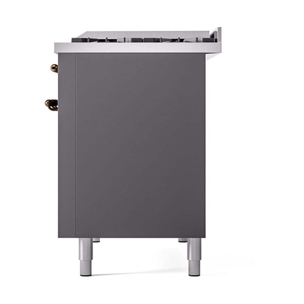 Matte graphite dual fuel range back side panel with bronze gas connection fittings