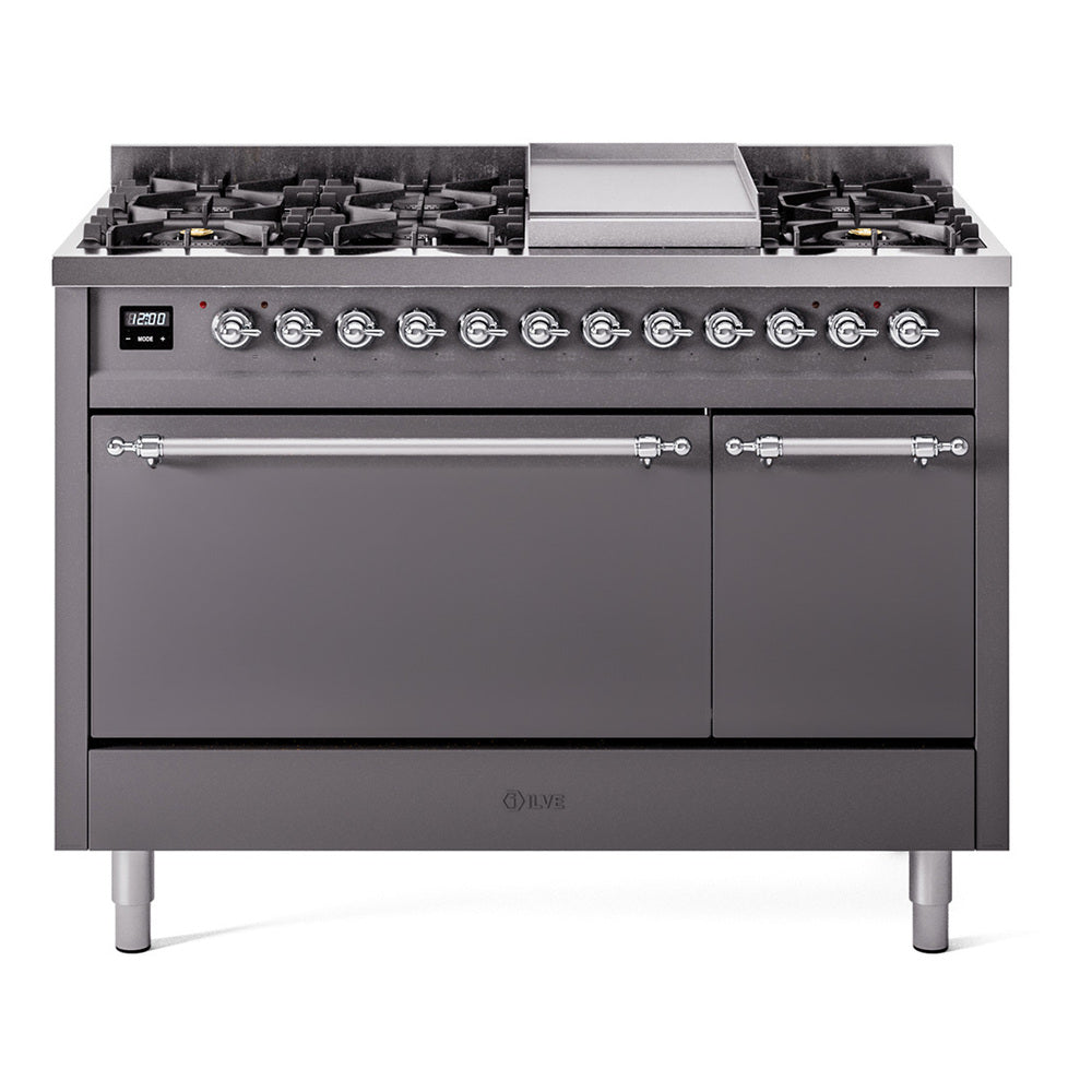 ILVE dual fuel range in matte graphite with chrome trim, burners and griddle