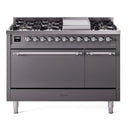 ILVE 48-Inch Nostalgie II Natural Gas Dual Fuel Range with 8 Burners, Griddle, and Solid Door Oven in Matte Graphite with Chrome Trim (UP48FQNMPMGC)