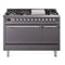 ILVE 48-Inch Nostalgie II Natural Gas Dual Fuel Range with 8 Burners, Griddle, and Solid Door Oven in Matte Graphite with Chrome Trim (UP48FQNMPMGC)