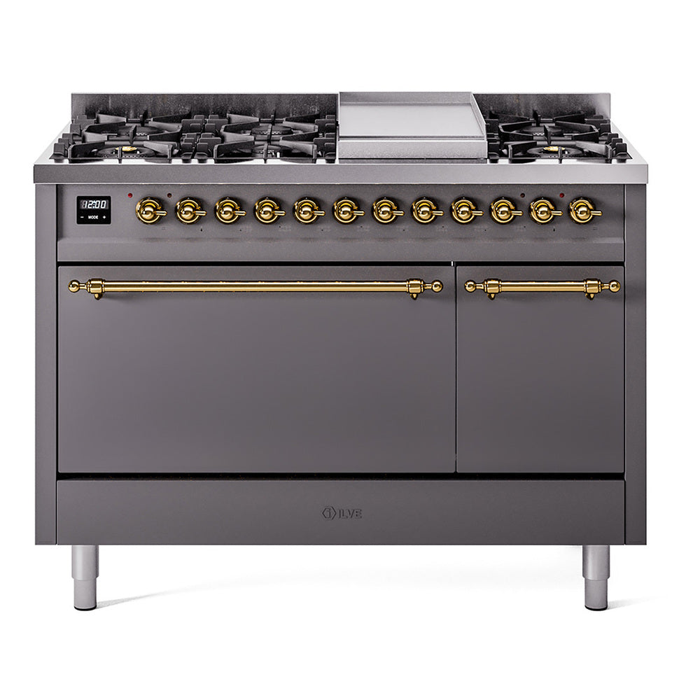 Matte graphite ILVE dual fuel range with 8 burners, brass knobs, and center griddle