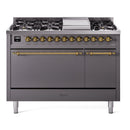 ILVE 48-Inch Nostalgie II Natural Gas Dual Fuel Range with 8 Burners, Griddle, and Solid Door Oven in Matte Graphite with Brass Trim (UP48FQNMPMGG)