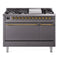 ILVE 48-Inch Nostalgie II Natural Gas Dual Fuel Range with 8 Burners, Griddle, and Solid Door Oven in Matte Graphite with Brass Trim (UP48FQNMPMGG)