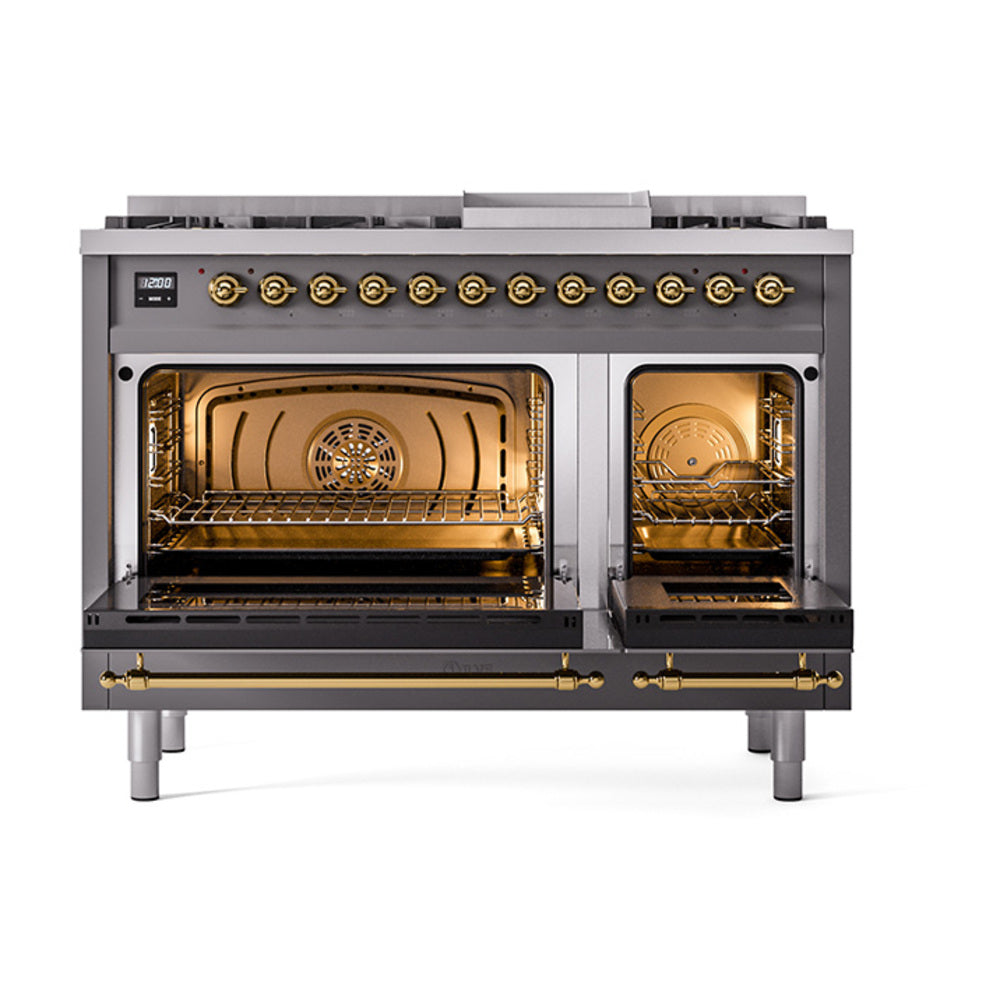 Matte graphite oven with open doors and interior racks, brass accents