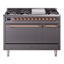 ILVE 48-Inch Nostalgie II Natural Gas Dual Fuel Range with 8 Burners, Griddle, and Solid Door Oven in Matte Graphite with Copper Trim (UP48FQNMPMGP)