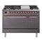 ILVE 48-Inch Nostalgie II Natural Gas Dual Fuel Range with 8 Burners, Griddle, and Solid Door Oven in Matte Graphite with Copper Trim (UP48FQNMPMGP)