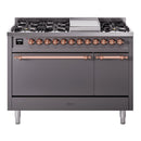 ILVE 48-Inch Nostalgie II Propane Gas Dual Fuel Range with 8 Burners, Griddle, and Solid Door Oven in Matte Graphite with Copper Trim (UP48FQNMPMGPLP)