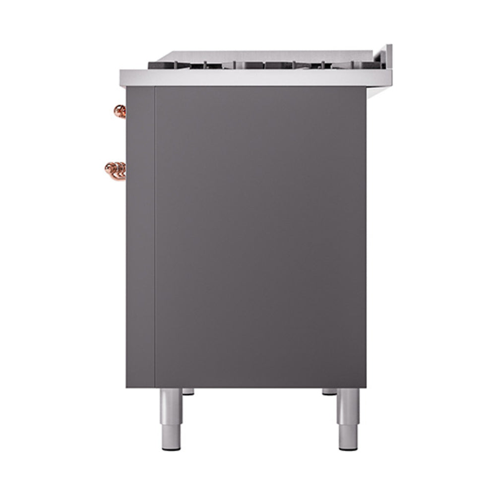 Matte graphite oven base with side copper gas knobs and four leveling legs