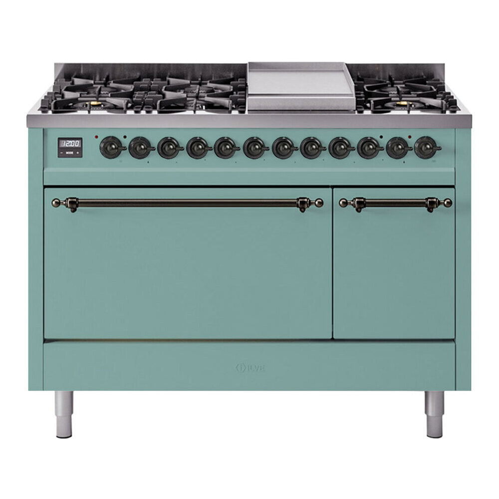 ILVE 48-Inch Nostalgie II Propane Gas Dual Fuel Range with 8 Burners, Griddle, and Solid Door Oven in Mediterranean Mint with Burnished Bronze Trim (UP48FQNMPMMBLP)