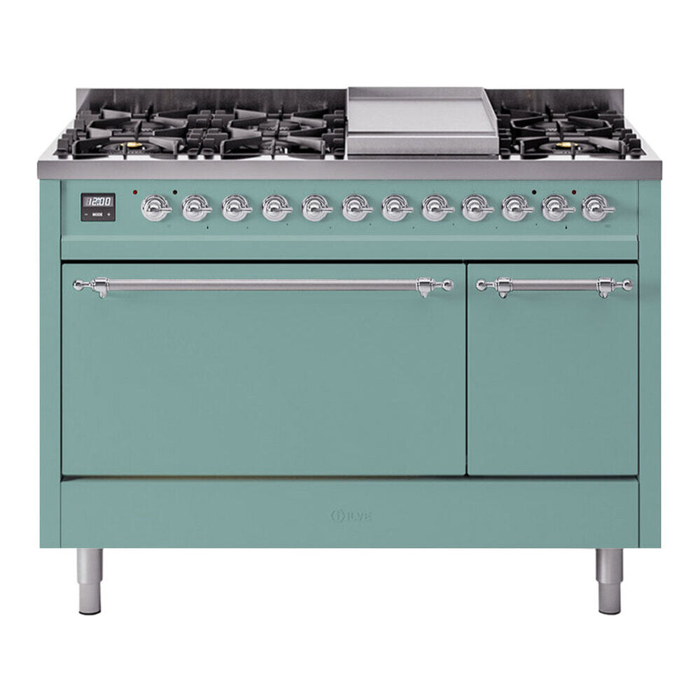 ILVE 48-Inch Nostalgie II Propane Gas Dual Fuel Range with 8 Burners, Griddle, and Solid Door Oven in Mediterranean Mint with Chrome Trim (UP48FQNMPMMCLP)