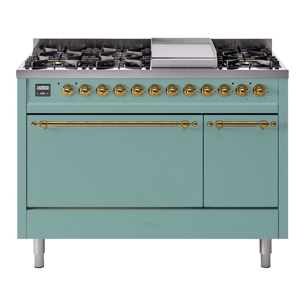 ILVE 48-Inch Nostalgie II Propane Gas Dual Fuel Range with 8 Burners, Griddle, and Solid Door Oven in Mediterranean Mint with Brass Trim (UP48FQNMPMMGLP)