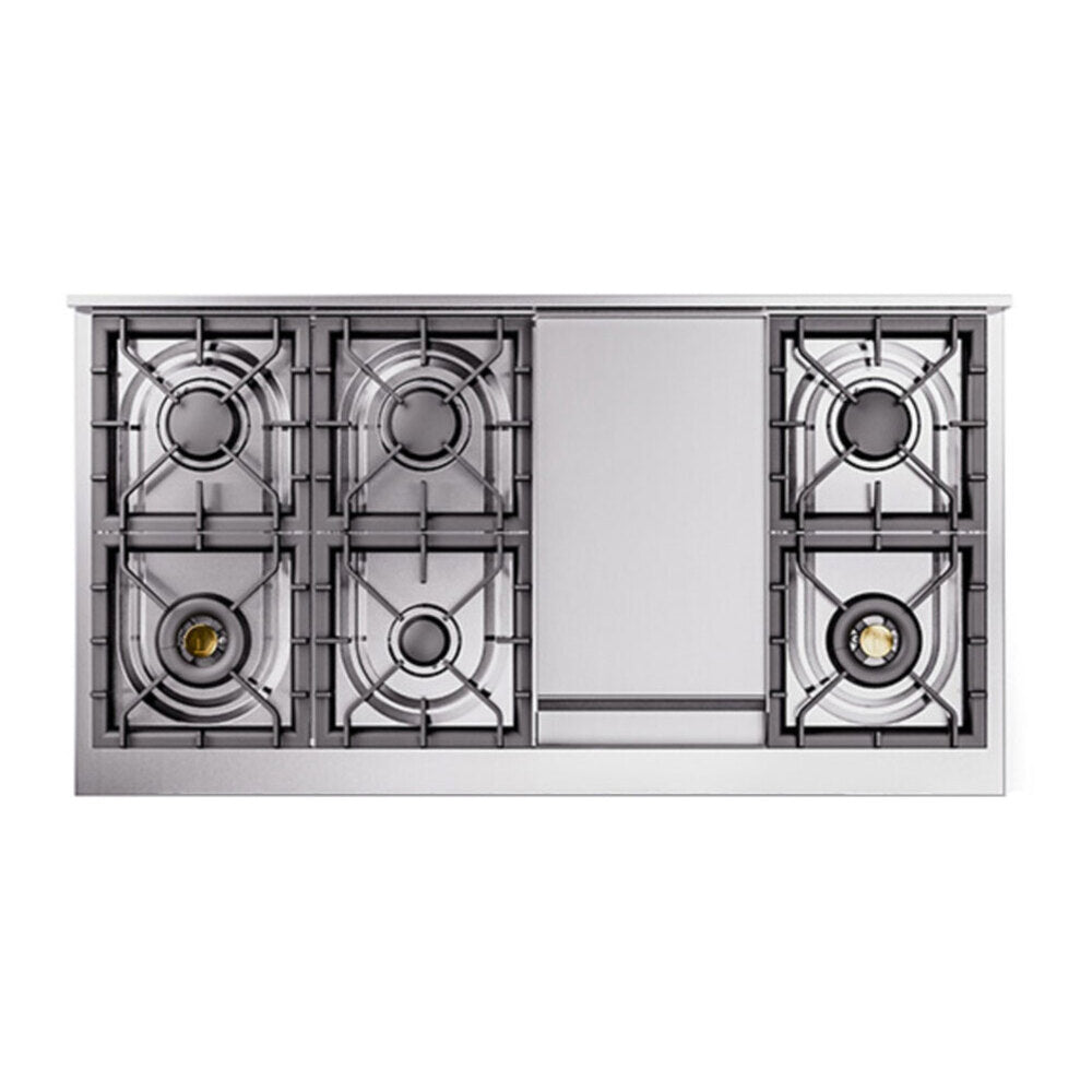 ILVE 48-Inch Nostalgie II Propane Gas Dual Fuel Range with 8 Burners, Griddle, and Solid Door Oven in Mediterranean Mint with Brass Trim (UP48FQNMPMMGLP)