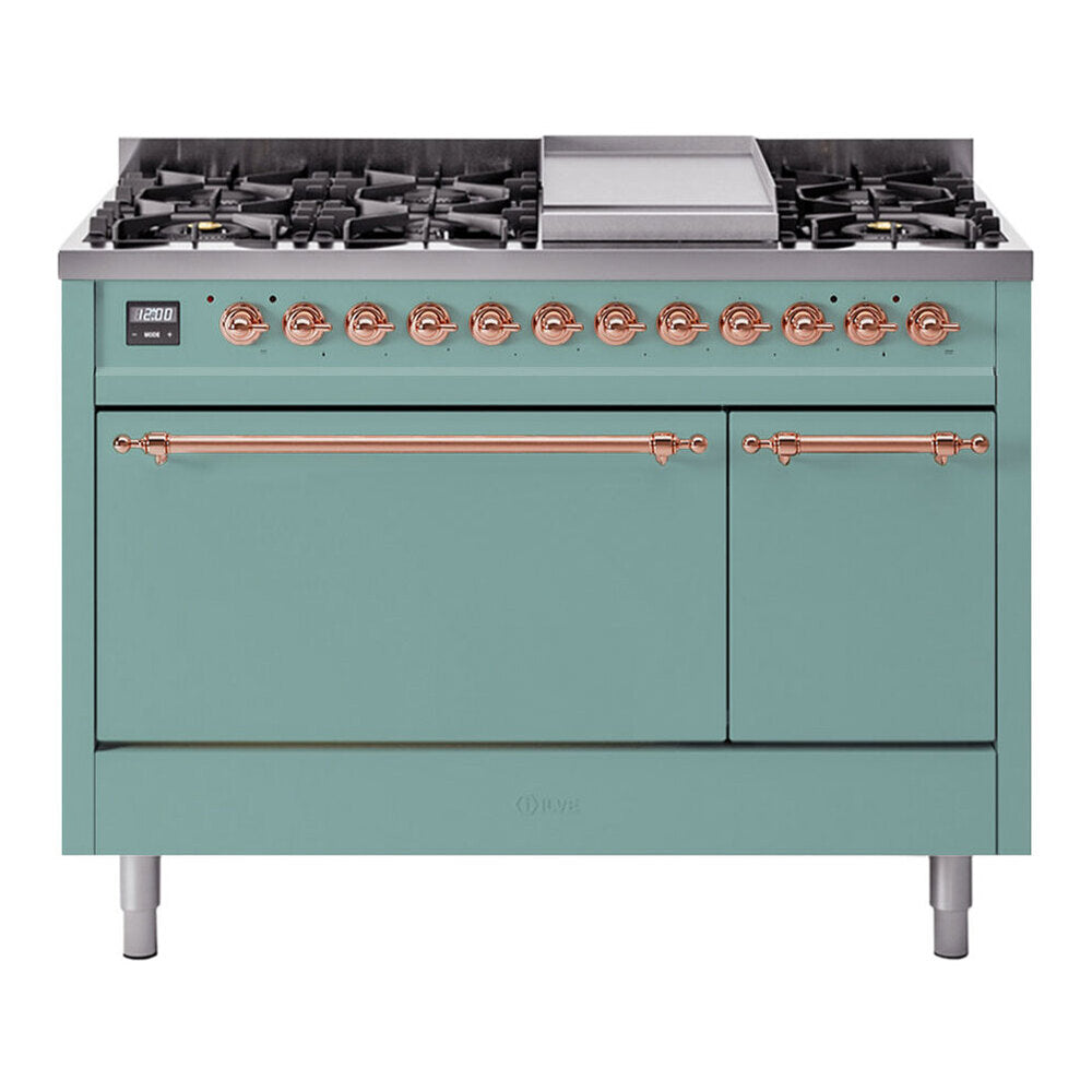 ILVE 48-Inch Nostalgie II Natural Gas Dual Fuel Range with 8 Burners, Griddle, and Solid Door Oven in Mediterranean Mint with Copper Trim (UP48FQNMPMMP)