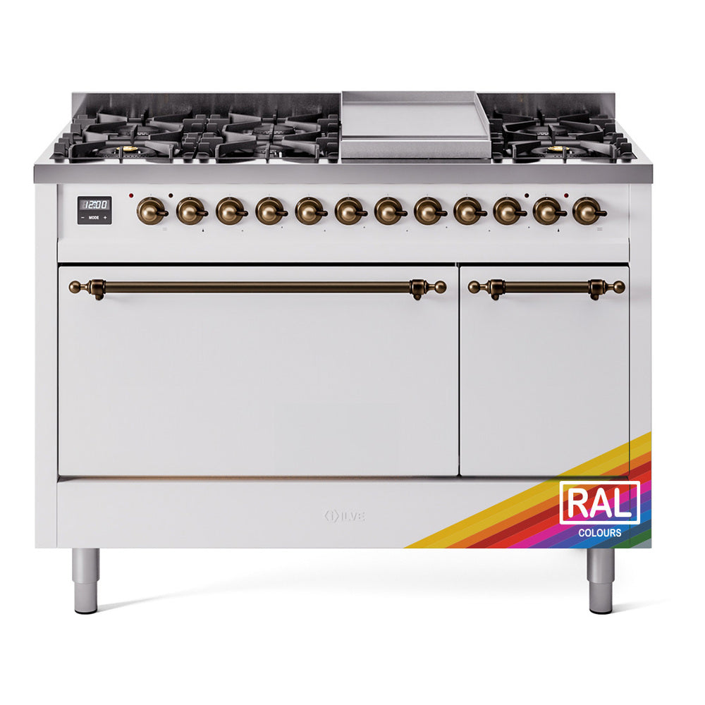 White dual fuel gas range with brass knobs, eight burners, and griddle top