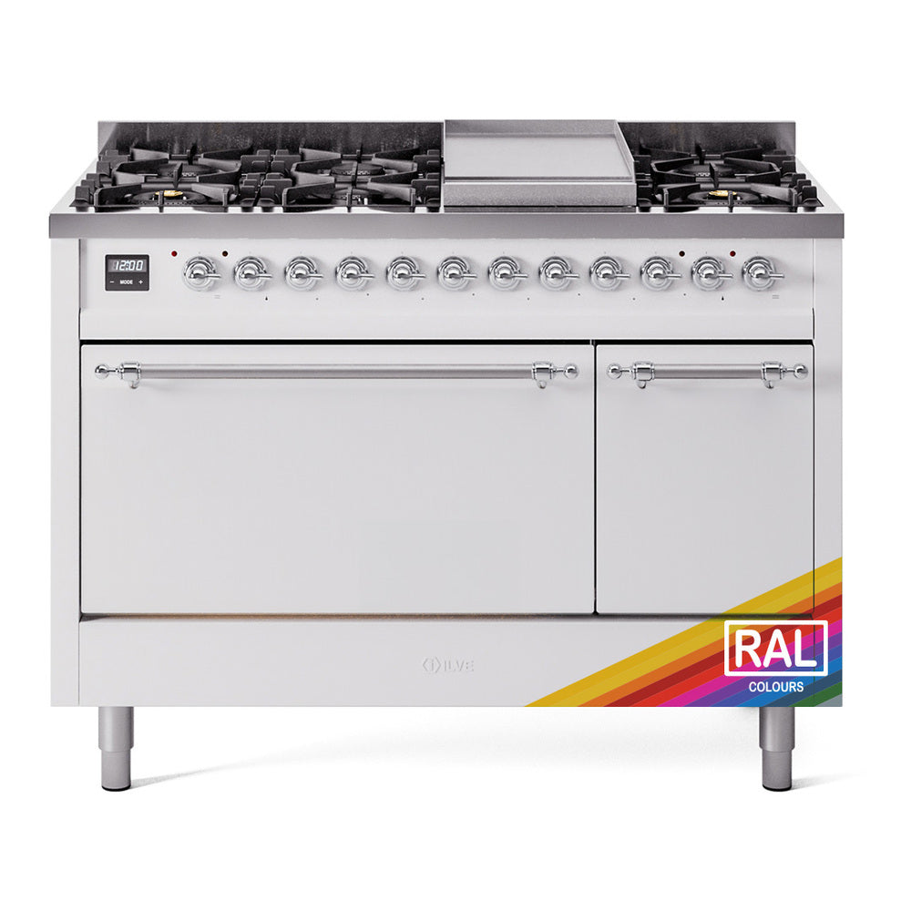Dual-fuel gas range with griddle, front control knobs, and two oven doors