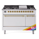 ILVE 48-Inch Nostalgie II Natural Gas Dual Fuel Range with 8 Burners, Griddle, and Solid Door Oven in RAL with Brass Trim (UP48FQNMPRAG)