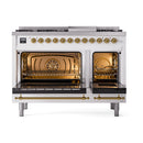 ILVE 48-Inch Nostalgie II Natural Gas Dual Fuel Range with 8 Burners, Griddle, and Solid Door Oven in RAL with Brass Trim (UP48FQNMPRAG)
