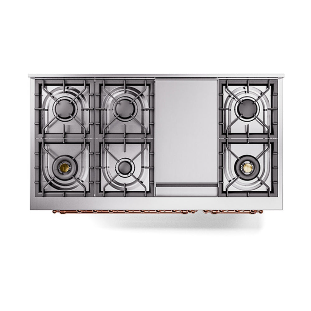 Dual fuel range with burner grates on white back panel and copper accents