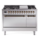 ILVE 48-Inch Nostalgie II Natural Gas Dual Fuel Range with 8 Burners, Griddle, and Solid Door Oven in Stainless Steel with Bronze Trim (UP48FQNMPSSB)