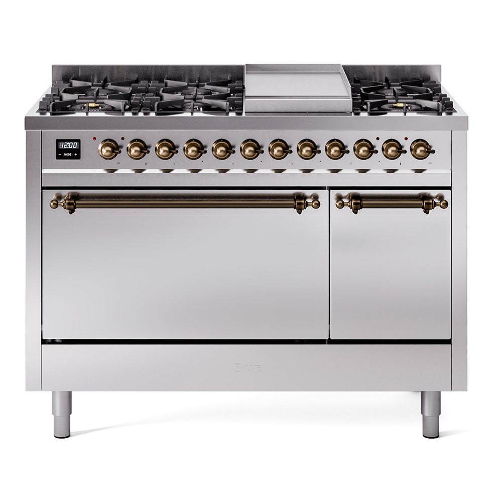 Stainless steel dual fuel range with bronze control knobs, griddle, and 8 burners