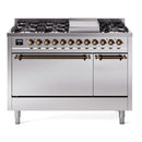 ILVE 48-Inch Nostalgie II Propane Gas Dual Fuel Range with 8 Burners, Griddle, and Solid Door Oven in Stainless Steel with Bronze Trim (UP48FQNMPSSBLP)