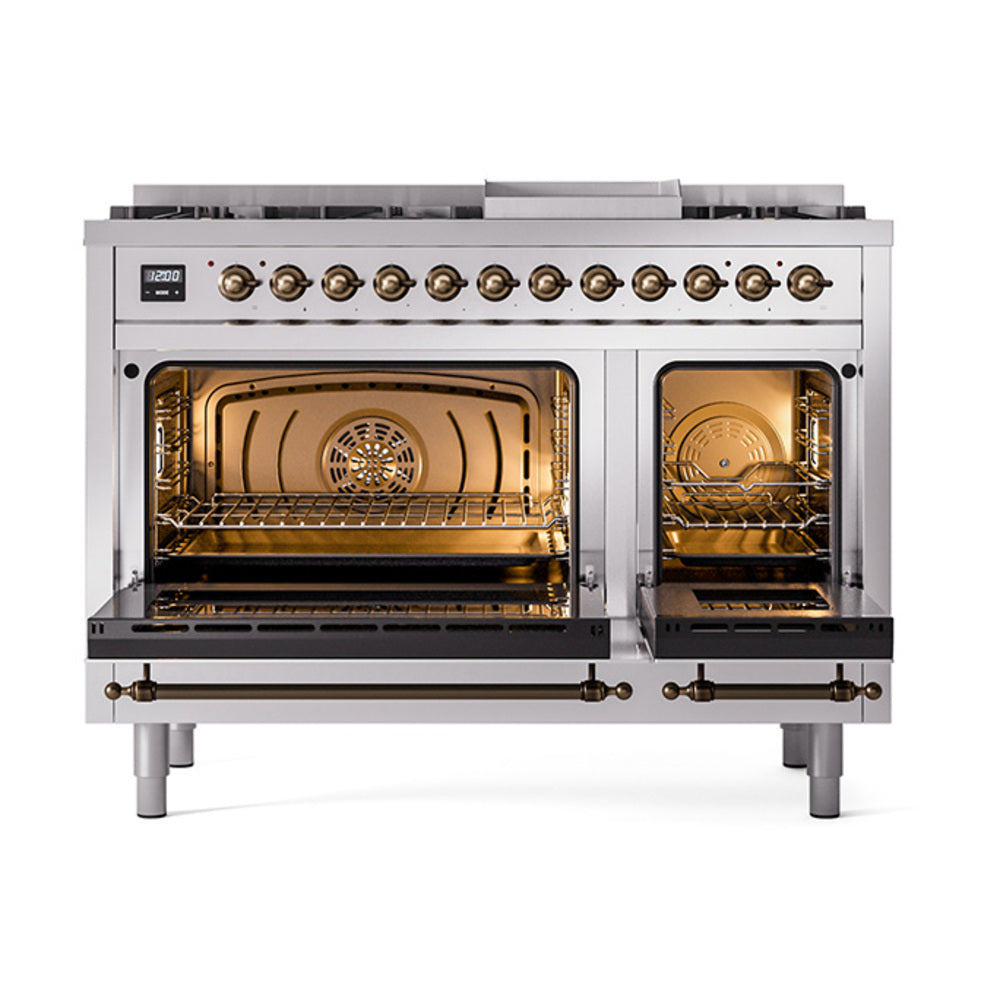 Stainless steel range with open oven doors and racks, bronze-trim interior