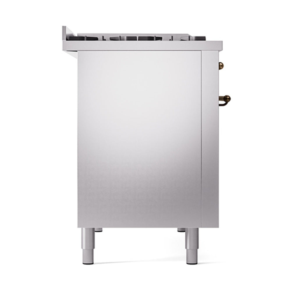 Stainless steel oven door panel with bronze gas valve knobs and leveling feet