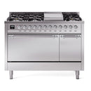ILVE 48-Inch Nostalgie II Natural Gas Dual Fuel Range with 8 Burners, Griddle, and Solid Door Oven in Stainless Steel with Chrome Trim (UP48FQNMPSSC)