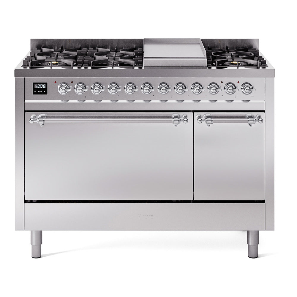 Stainless dual-fuel gas range with chrome-trim controls, 8 burners and griddle