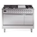 ILVE 48-Inch Nostalgie II Propane Gas Dual Fuel Range with 8 Burners, Griddle, and Solid Door Oven in Stainless Steel with Chrome Trim (UP48FQNMPSSCLP)