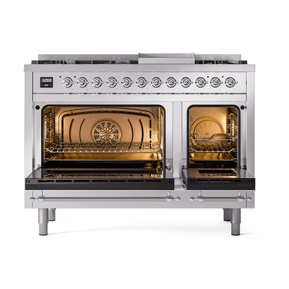 Stainless dual-fuel range with two open ovens showing interior racks and lighting