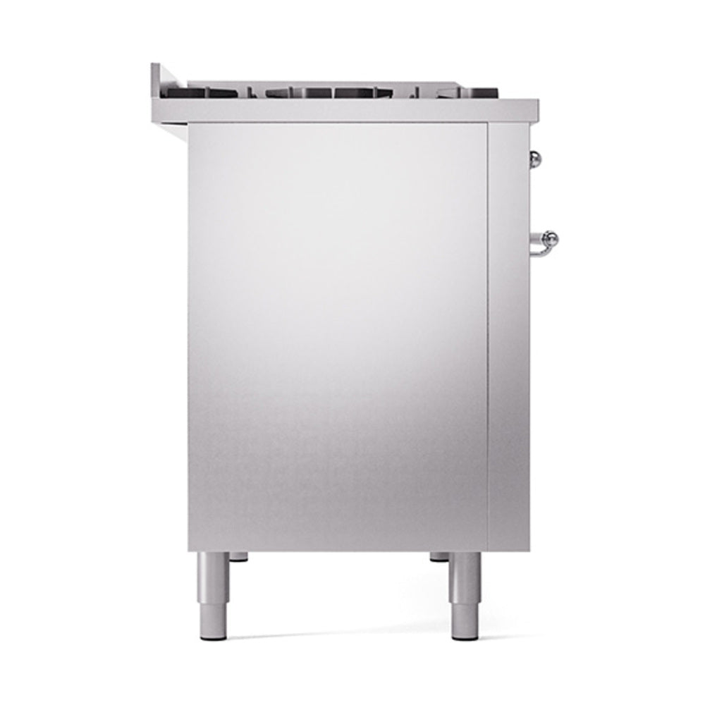 Stainless oven door and side panel on a dual fuel range with chrome hardware