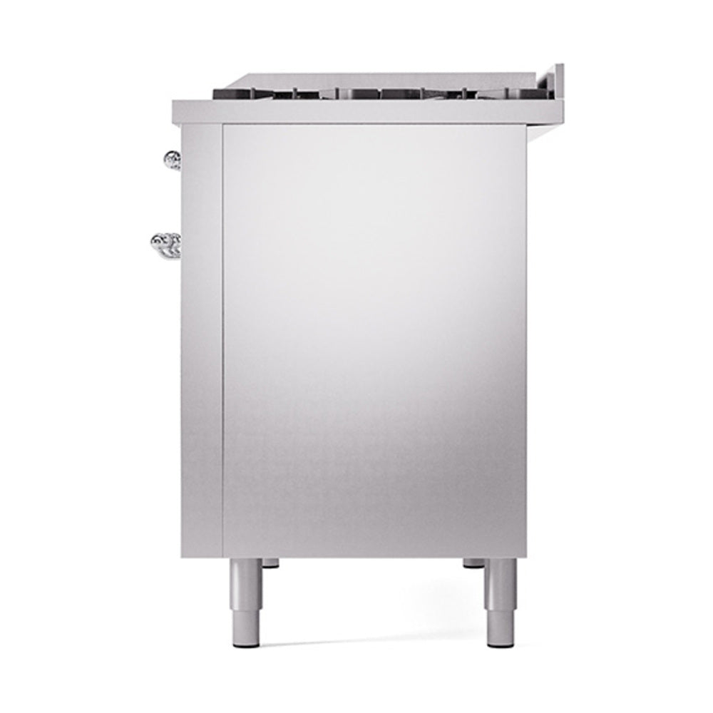 Stainless oven door and adjustable feet on a dual fuel range, side view