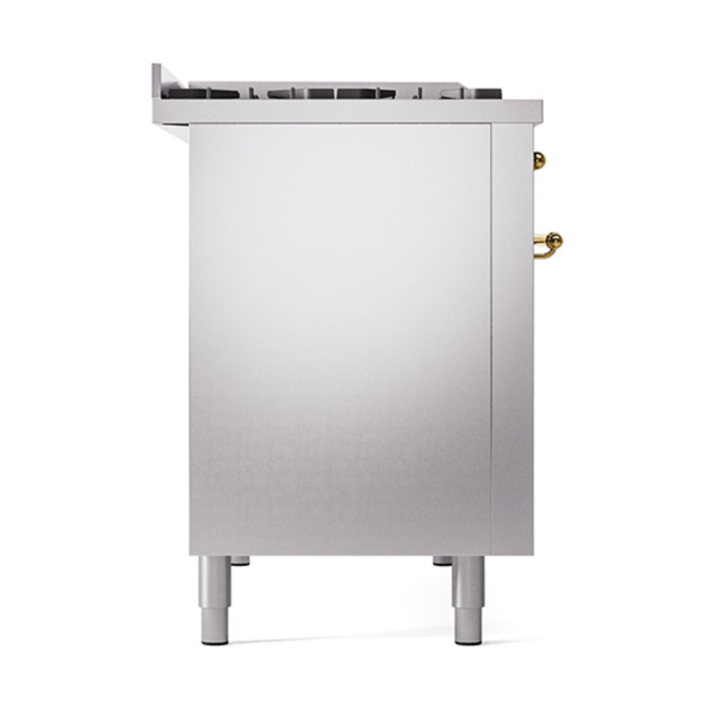Stainless steel solid oven door with brass hinges on dual fuel range