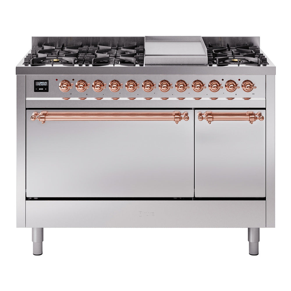 Stainless dual-fuel range front with burners, central griddle, and twin oven doors