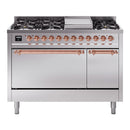 ILVE 48-Inch Nostalgie II Natural Gas Dual Fuel Range with 8 Burners, Griddle, and Solid Door Oven in Stainless Steel with Copper Trim (UP48FQNMPSSP)