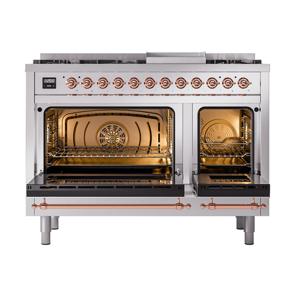Dual fuel range with two oven doors open, stainless interior racks and copper handles