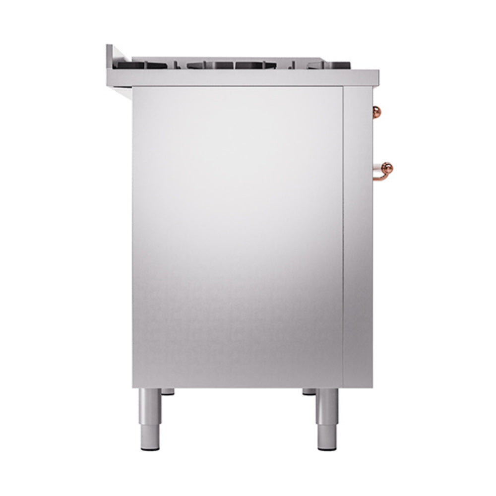 Stainless steel solid door oven with copper-trim pull, on adjustable legs