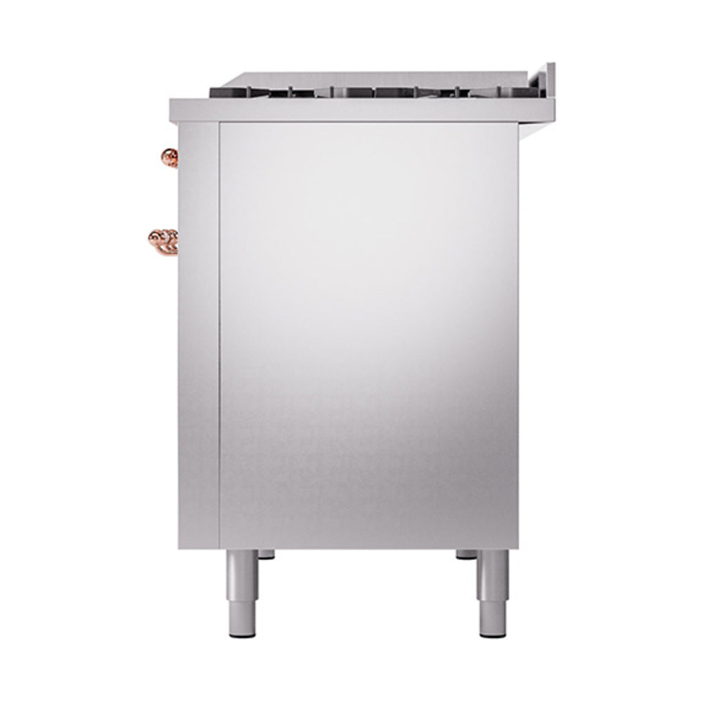 Stainless steel solid door oven with copper-trim pull handle, front view on legs