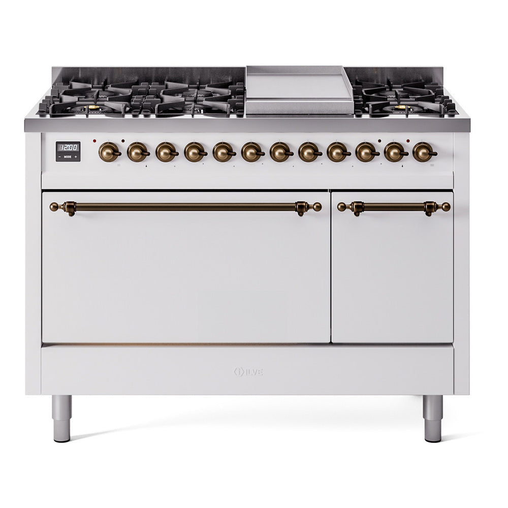 White dual fuel range with bronze trim, griddle, and 8 gas burners
