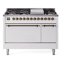 ILVE 48-Inch Nostalgie II Natural Gas Dual Fuel Range with 8 Burners, Griddle, and Solid Door Oven in White with Bronze Trim (UP48FQNMPWHB)