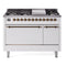 ILVE 48-Inch Nostalgie II Natural Gas Dual Fuel Range with 8 Burners, Griddle, and Solid Door Oven in White with Bronze Trim (UP48FQNMPWHB)