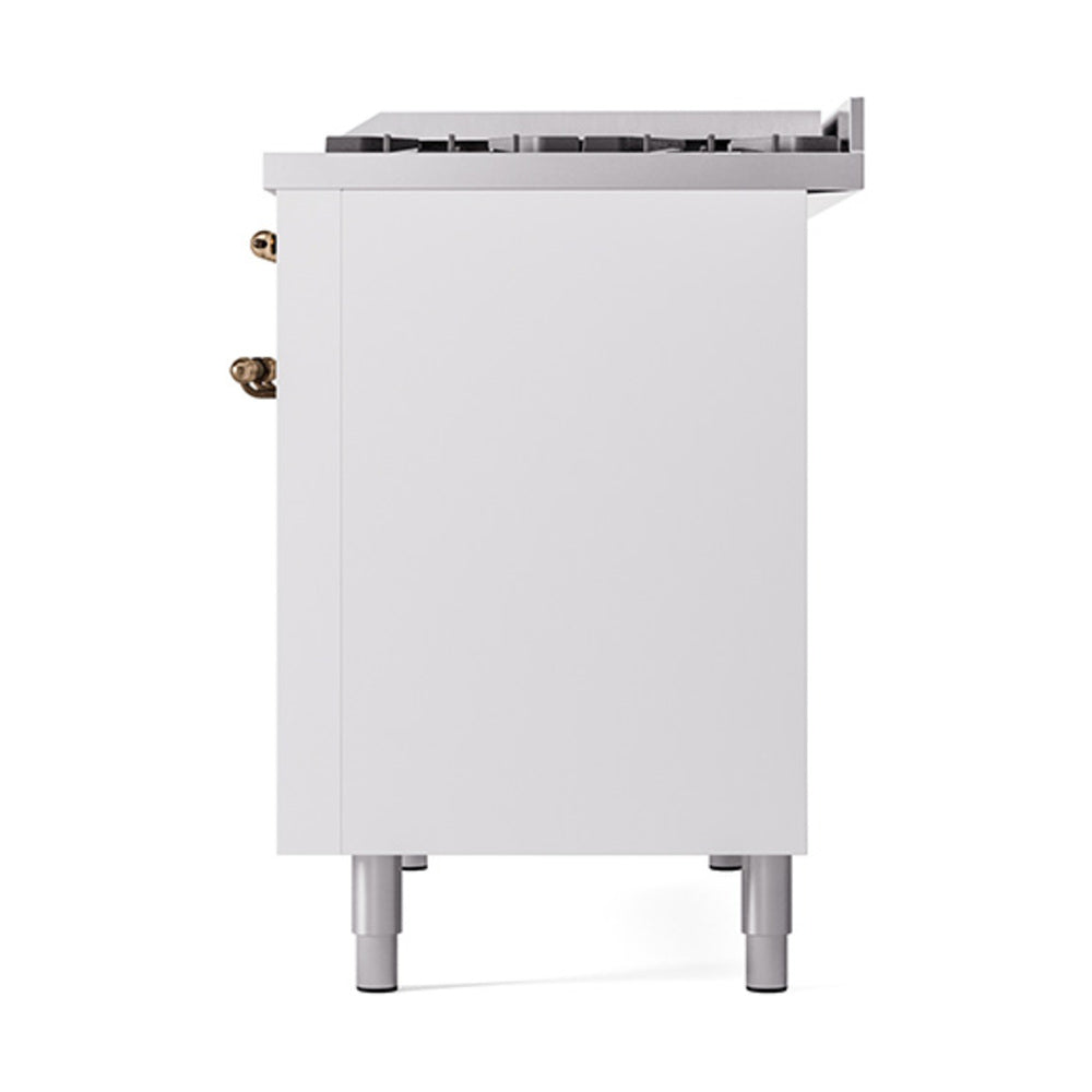 White oven door panel with bronze hinges and leveling feet, range front view