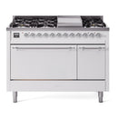 ILVE 48-Inch Nostalgie II Propane Gas Dual Fuel Range with 8 Burners, Griddle, and Solid Door Oven in White with Chrome Trim (UP48FQNMPWHCLP)