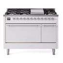 ILVE 48-Inch Nostalgie II Natural Gas Dual Fuel Range with 8 Burners, Griddle, and Solid Door Oven in White with Chrome Trim (UP48FQNMPWHC)