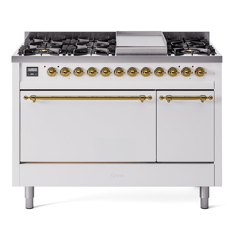 White dual fuel range with brass knobs, griddle, and eight burners in front view