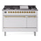 ILVE 48-Inch Nostalgie II Natural Gas Dual Fuel Range with 8 Burners, Griddle, and Solid Door Oven in White with Brass Trim (UP48FQNMPWHG)