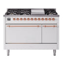 ILVE 48-Inch Nostalgie II Natural Gas Dual Fuel Range with 8 Burners, Griddle, and Solid Door Oven in White with Copper Trim (UP48FQNMPWHP)